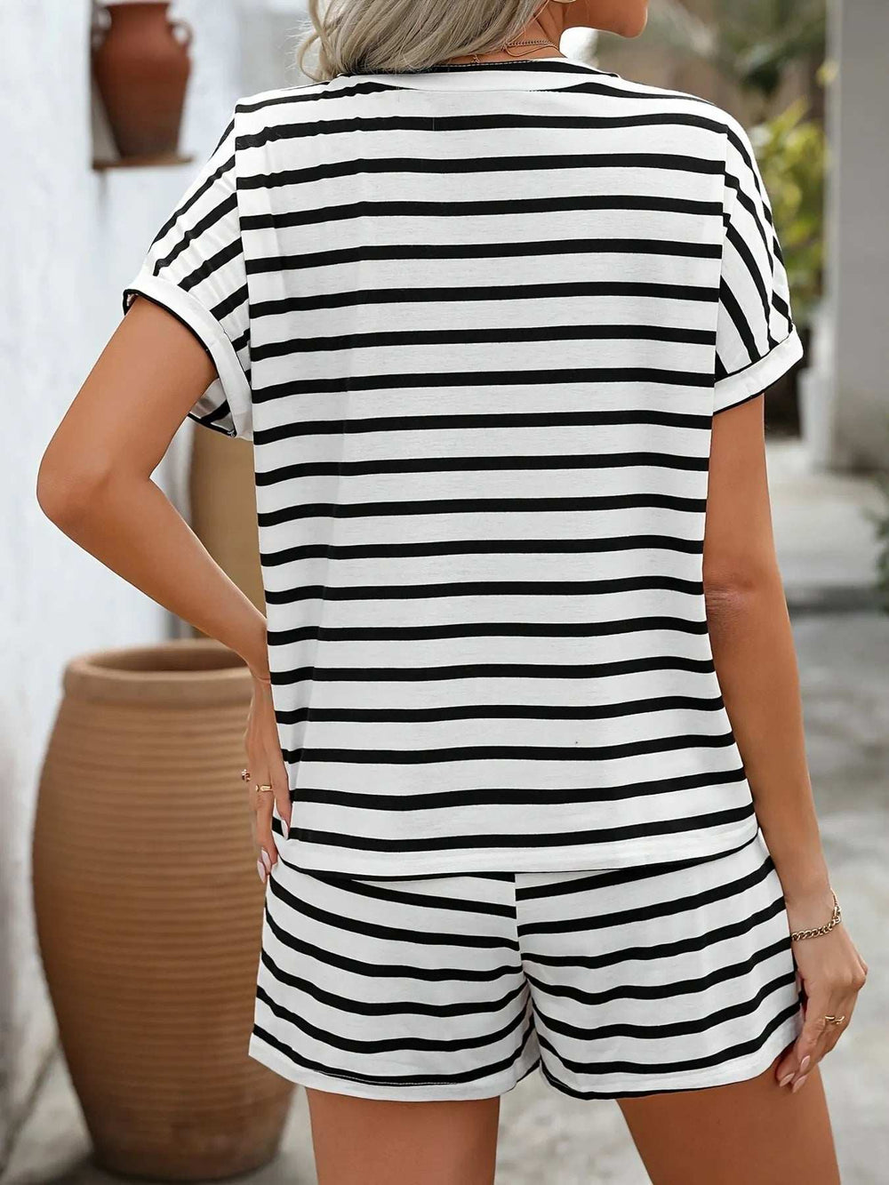 Casual Striped Short Sleeve Top and Shorts Two-Piece Set - Trendsi - Flyclothing LLC