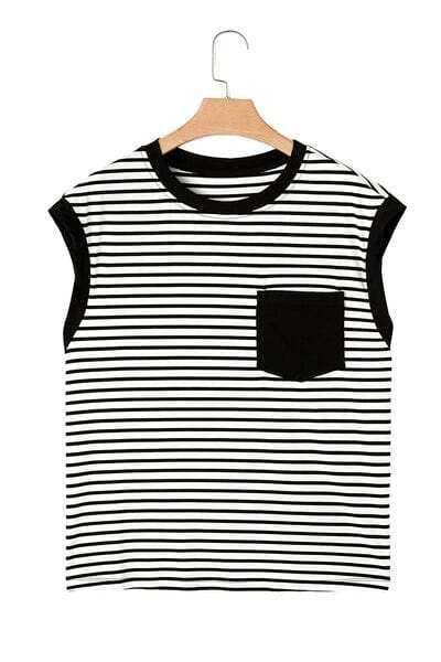 Striped Round Neck Cap Sleeve Top - Trendsi - Flyclothing LLC