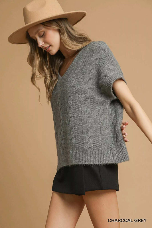 Umgee Cable-Knit V-Neck Sweater - Trendsi - Flyclothing LLC