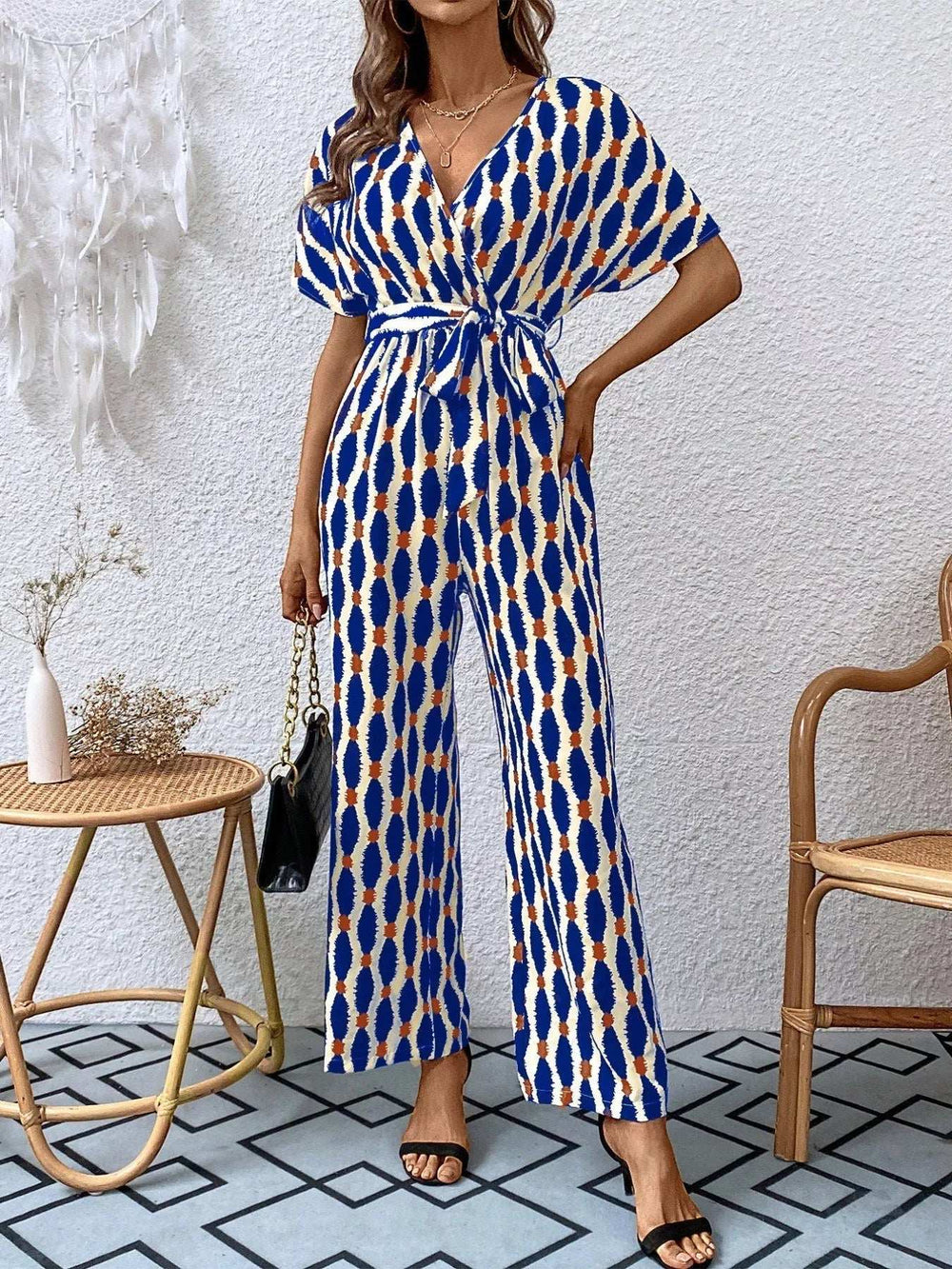 Printed Surplice Tie Waist Short Sleeve Jumpsuit - Trendsi - Flyclothing LLC