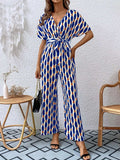 Printed Surplice Tie Waist Short Sleeve Jumpsuit - Trendsi - Flyclothing LLC