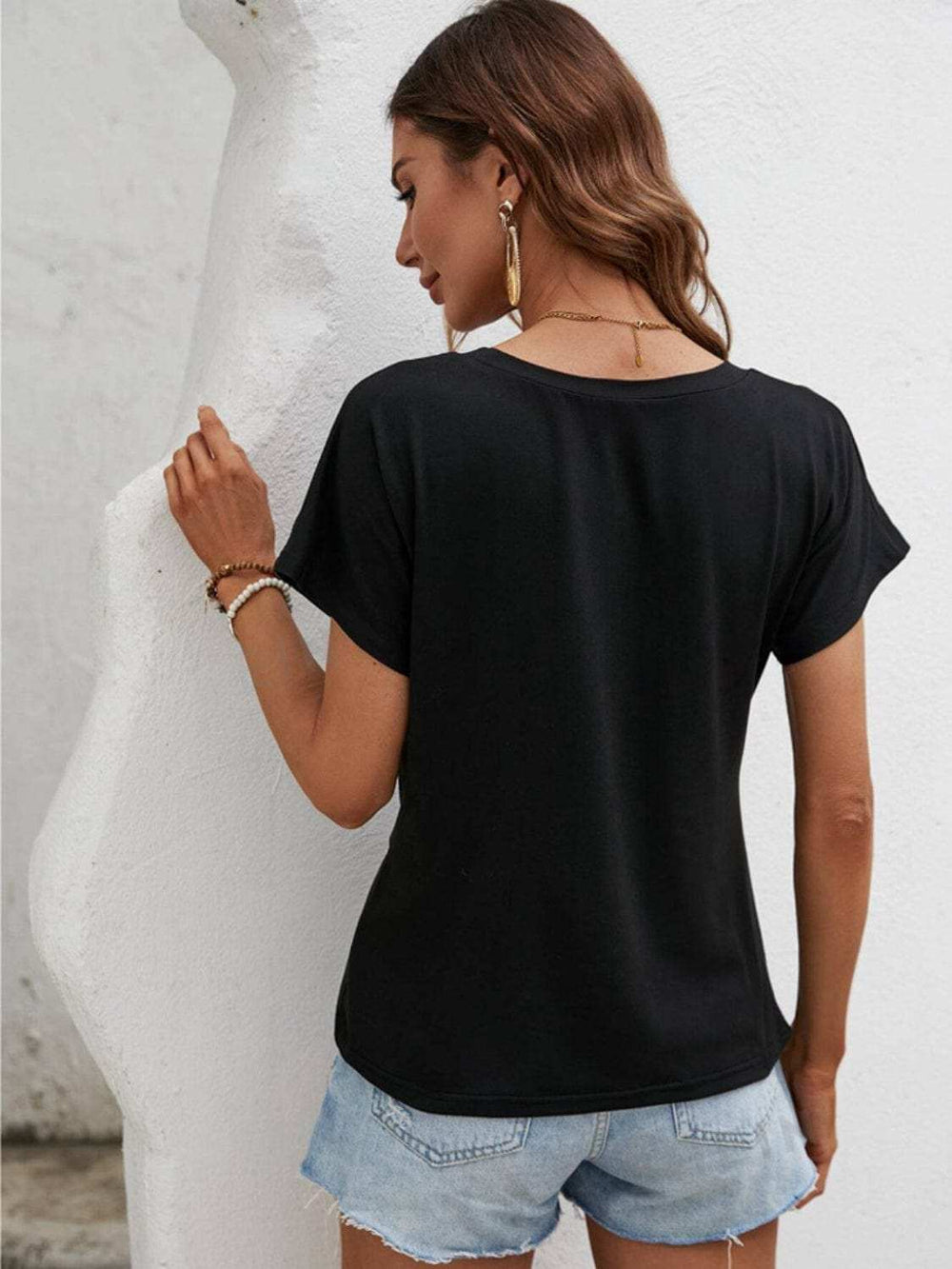 Asymmetric Hem Round Neck T-Shirt - Trendsi - Flyclothing LLC
