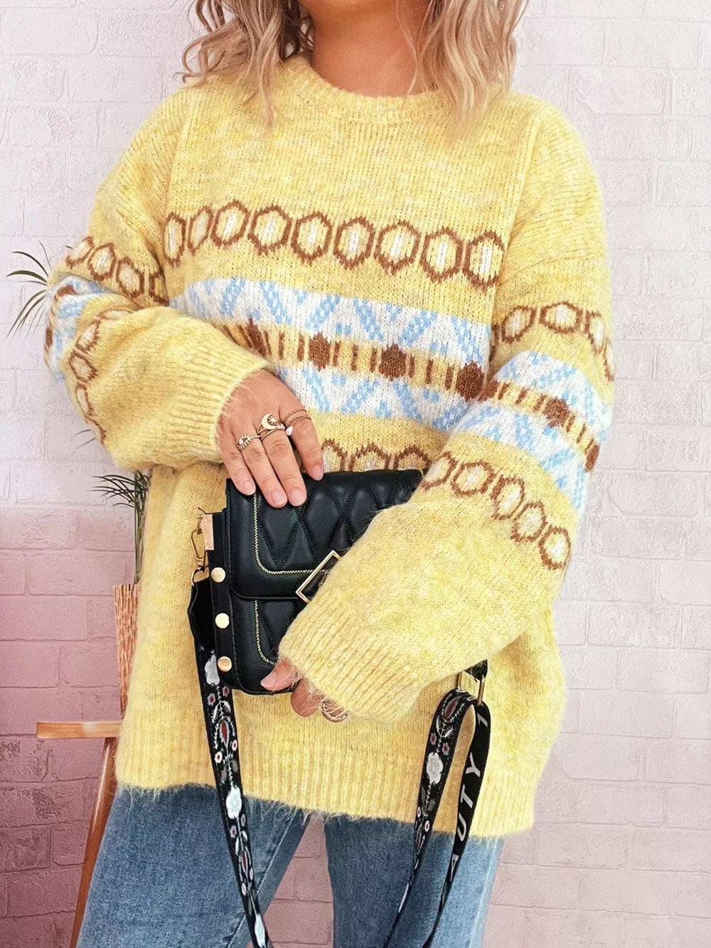 Contrast Round Neck Drop Shoulder Sweater - Trendsi - Flyclothing LLC