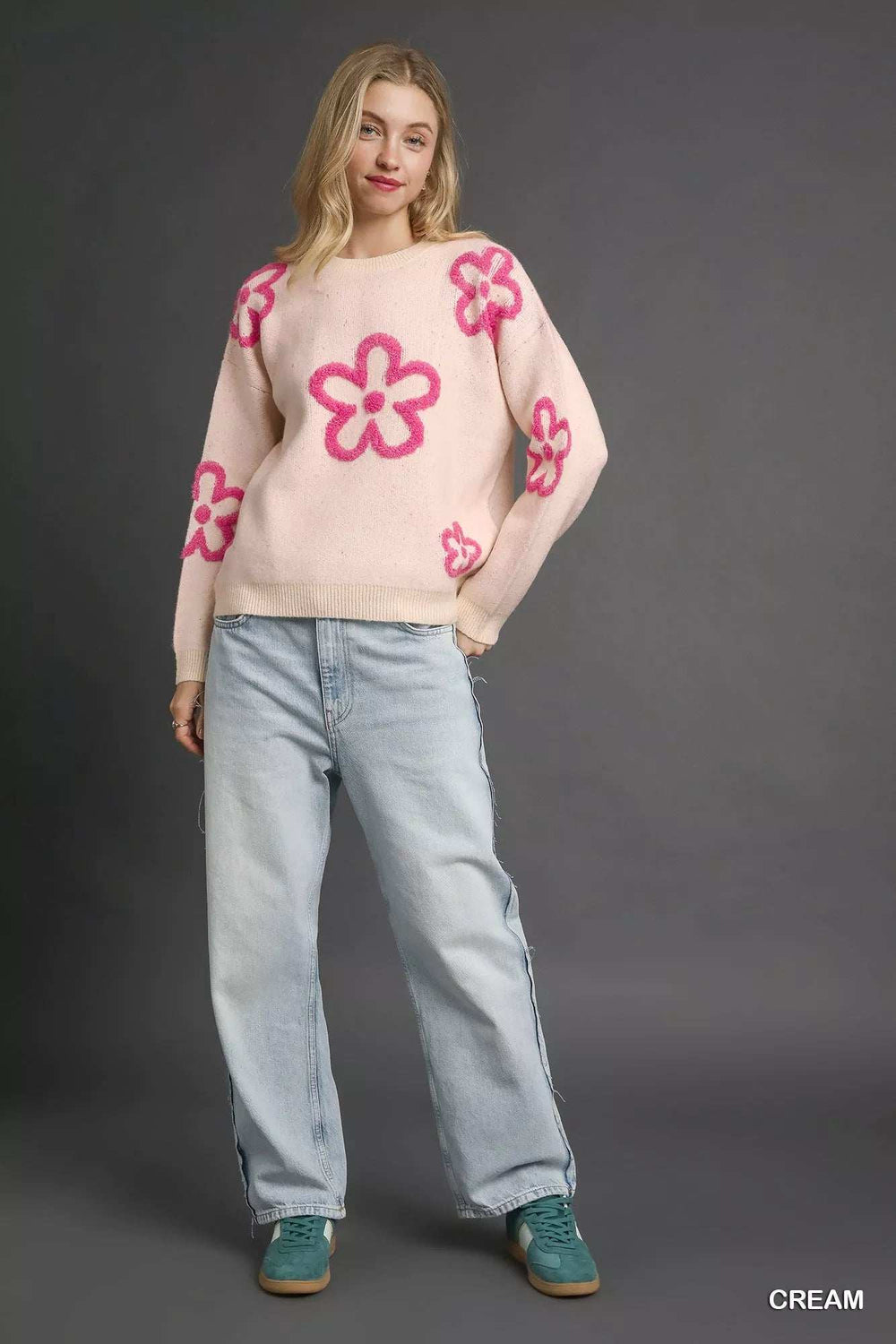 Umgee Round Neck Sweater with Pink Floral Accents - Trendsi - Flyclothing LLC