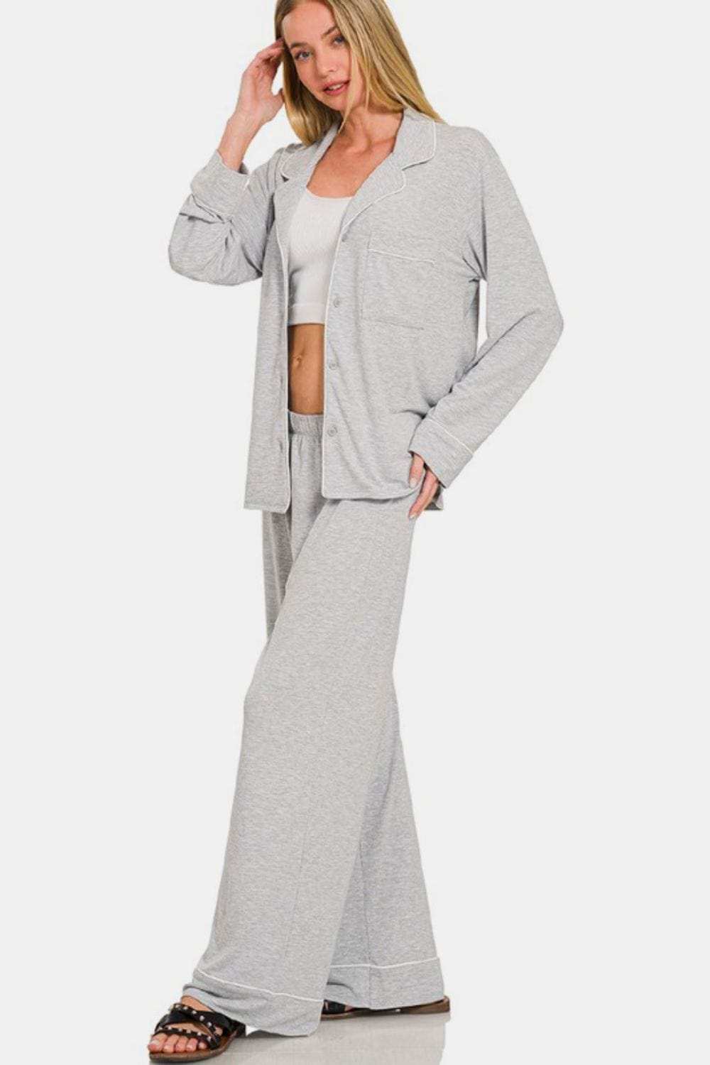 Zenana Button Down Long Sleeve Top and Pants Lounge Set - Trendsi - Flyclothing LLC