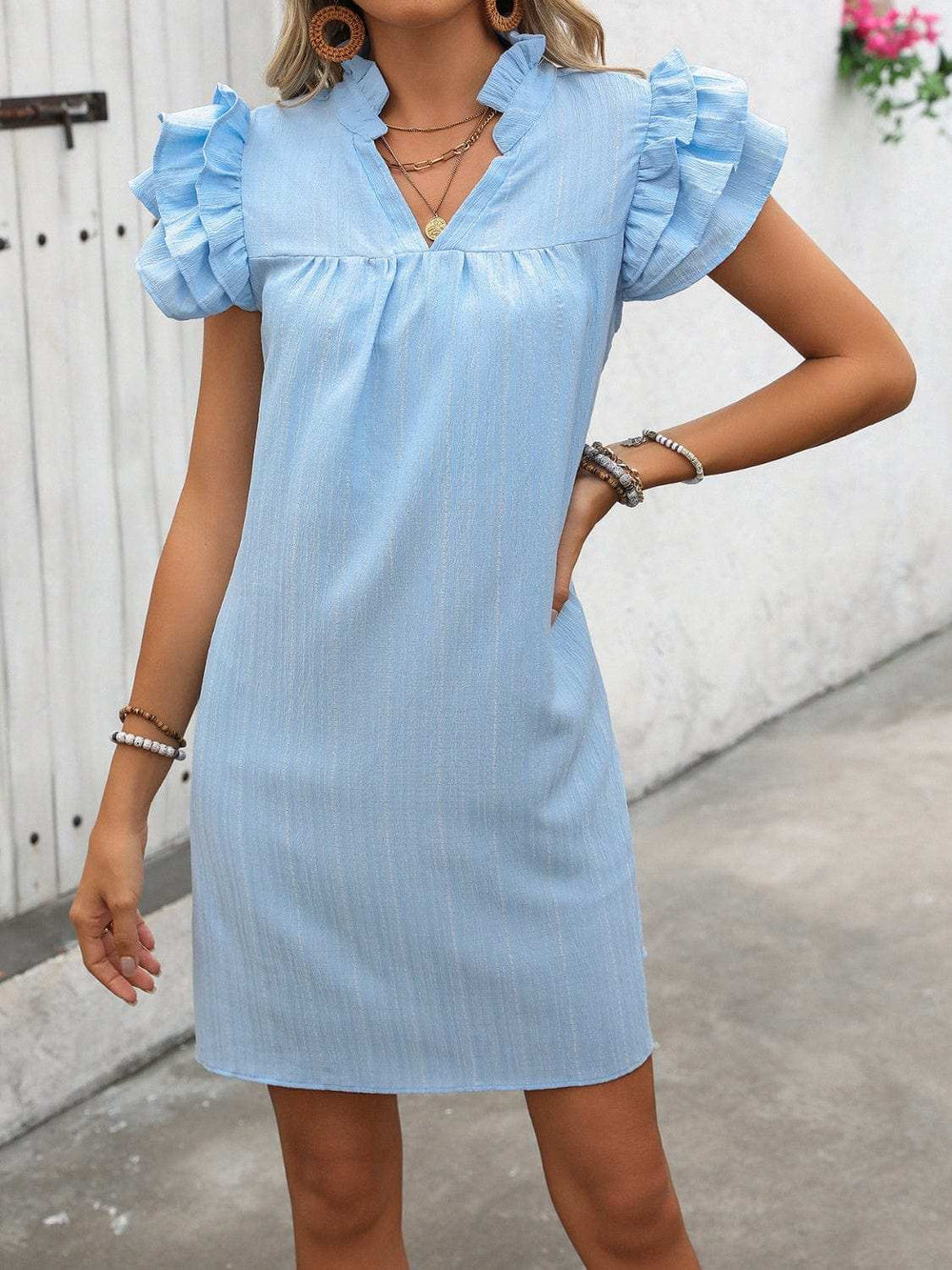 Ruffled Notched Cap Sleeve Mini Dress - Trendsi - Flyclothing LLC