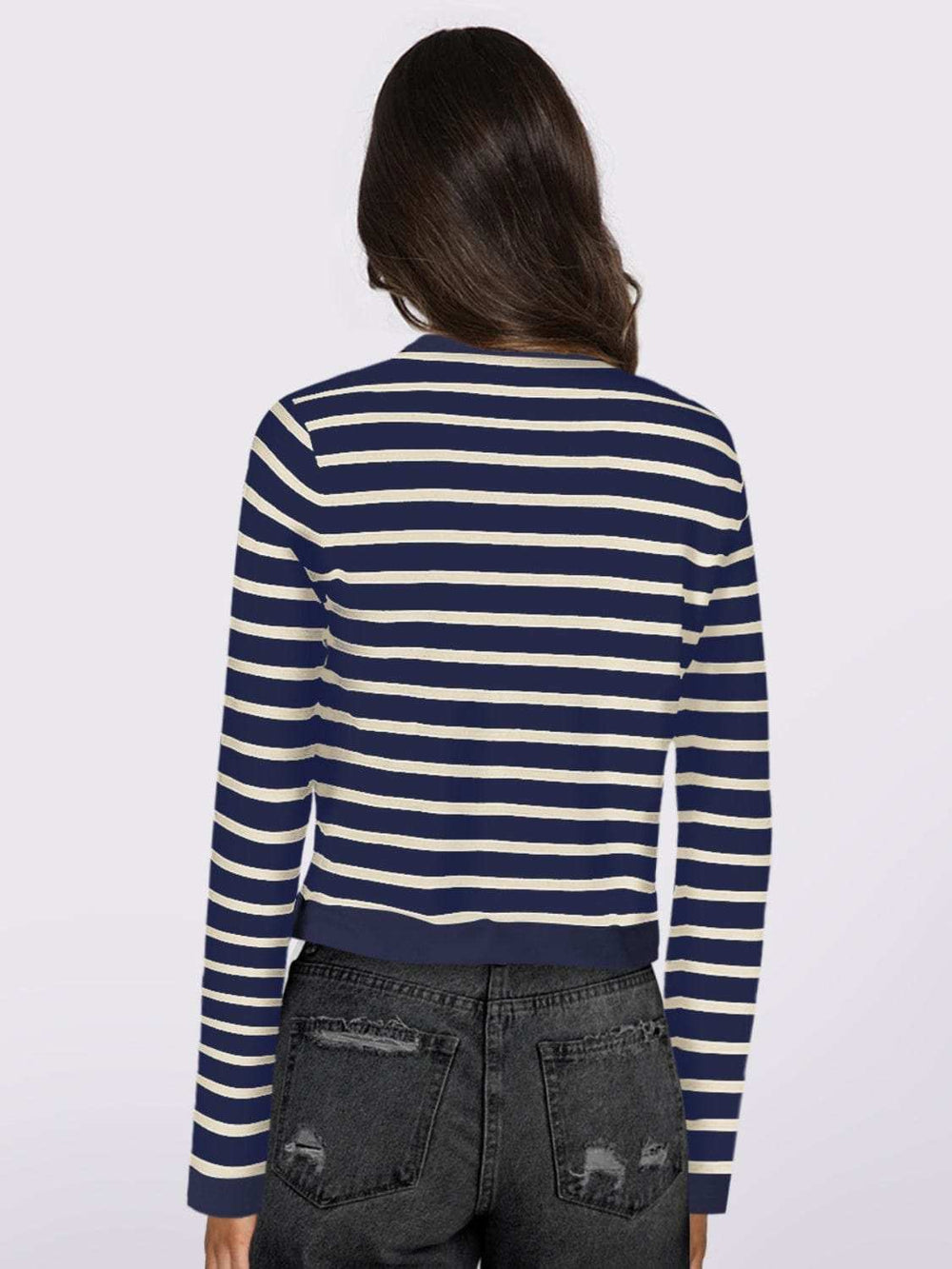 Striped Round Neck Button Up Long Sleeve Cardigan - Trendsi - Flyclothing LLC