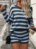 Striped Round Neck Top and Shorts Sweater Set - Trendsi - Flyclothing LLC