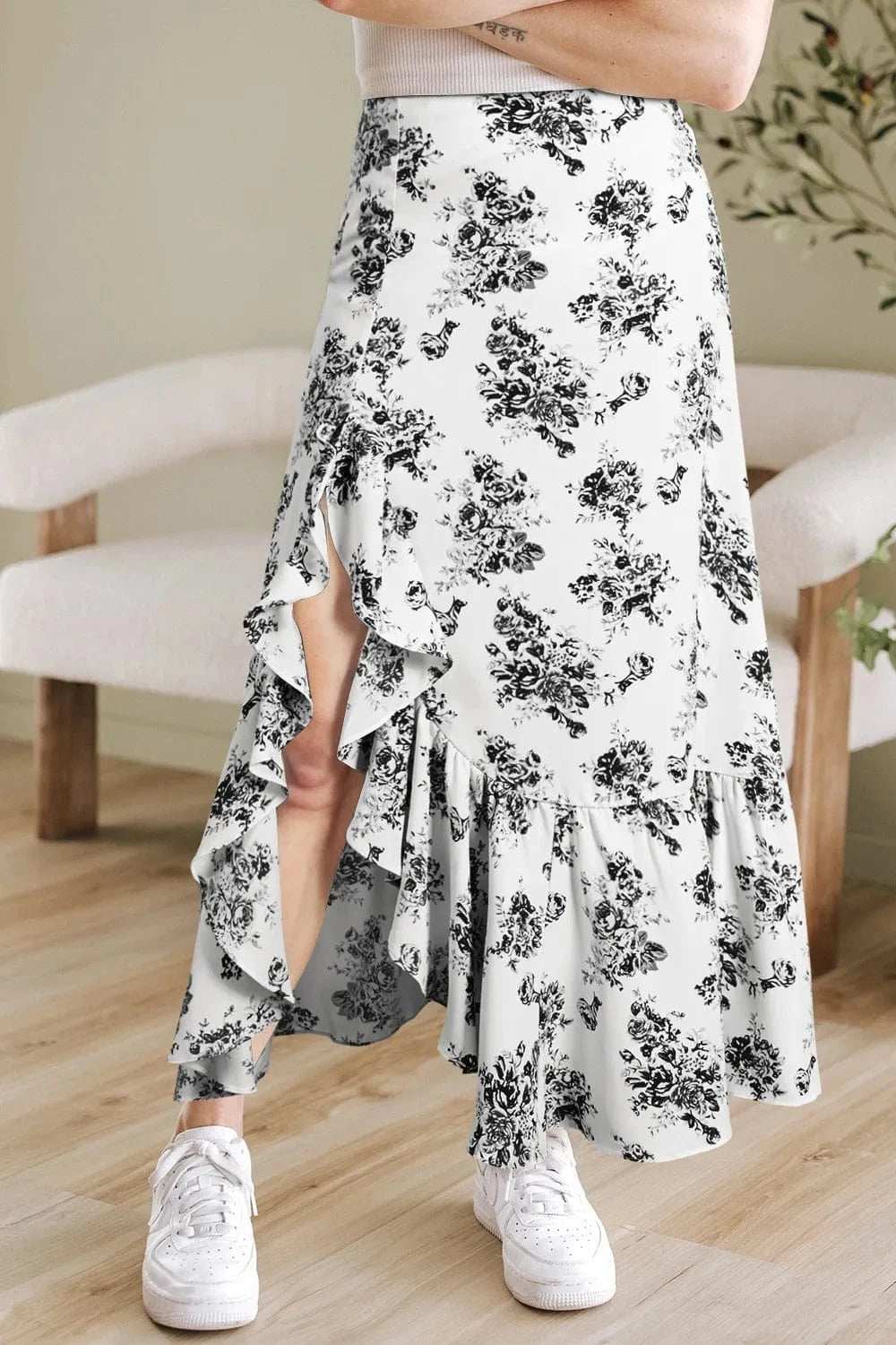Boho Floral High Waist Ruffle Split Maxi Skirt - Trendsi - Flyclothing LLC