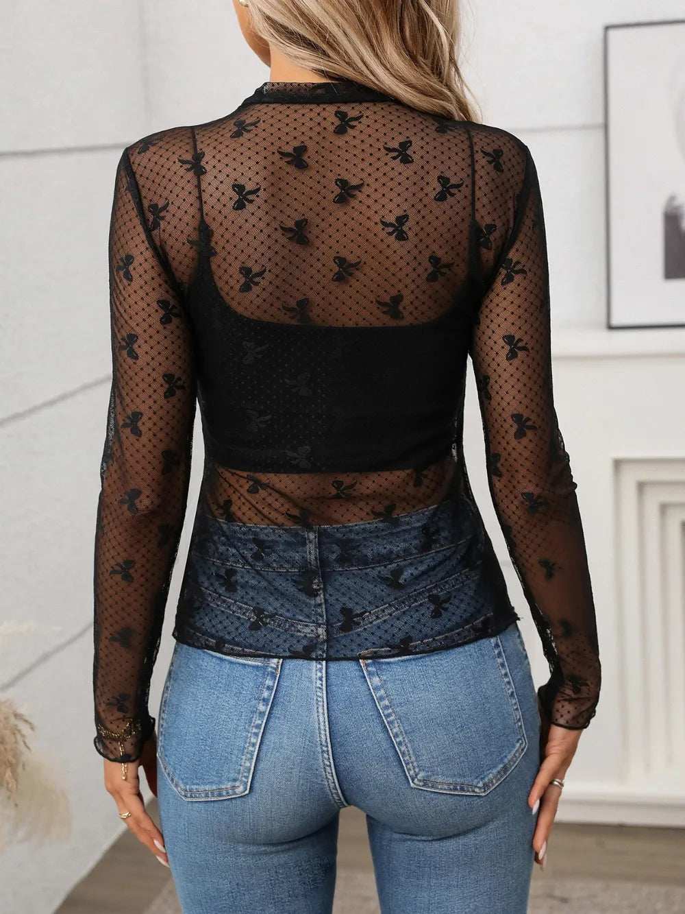 Floral Mock Neck Long Sleeve Mesh Top - Trendsi - Flyclothing LLC