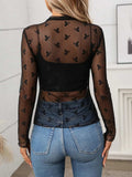 Floral Mock Neck Long Sleeve Mesh Top - Trendsi - Flyclothing LLC