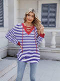 Lace-Up Striped Long Sleeve T-Shirt - Trendsi - Flyclothing LLC