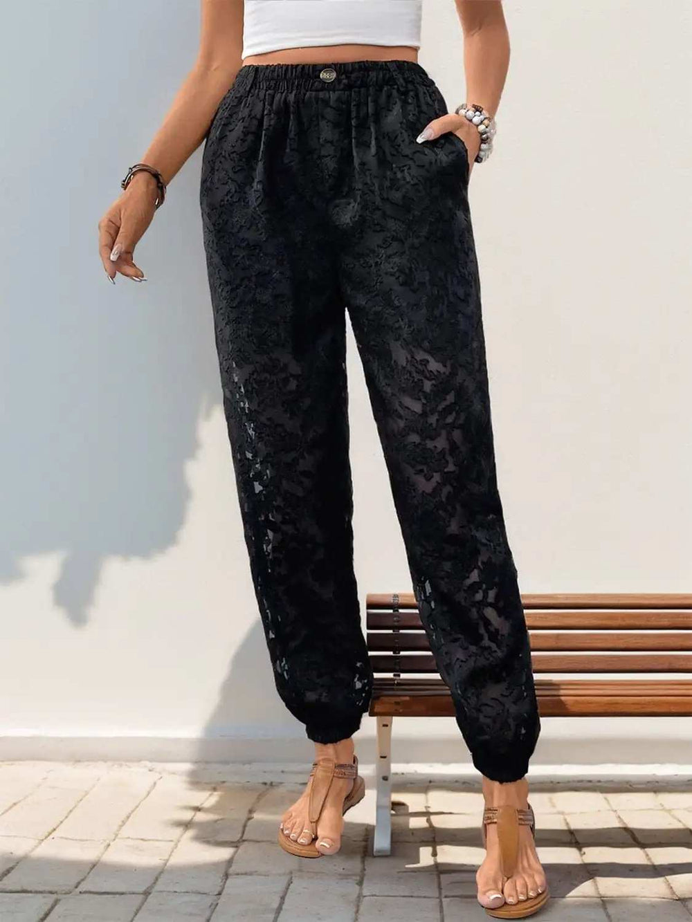 Pocketed Lace Elastic Waist Pants - Trendsi - Flyclothing LLC