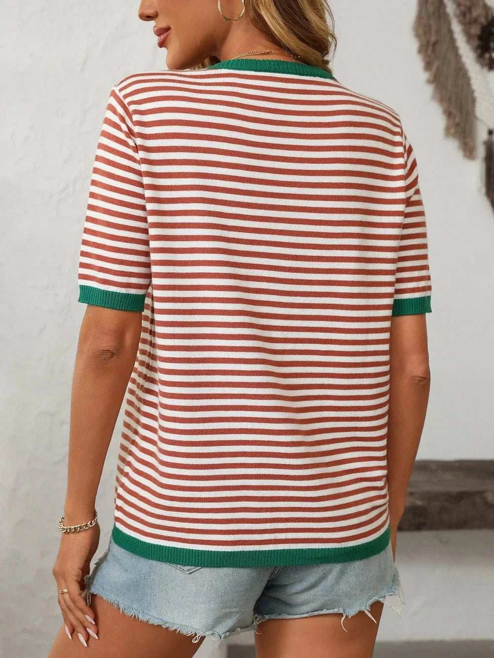 Mandy Striped Round Neck Half Sleeve Knit Top - Trendsi - Flyclothing LLC