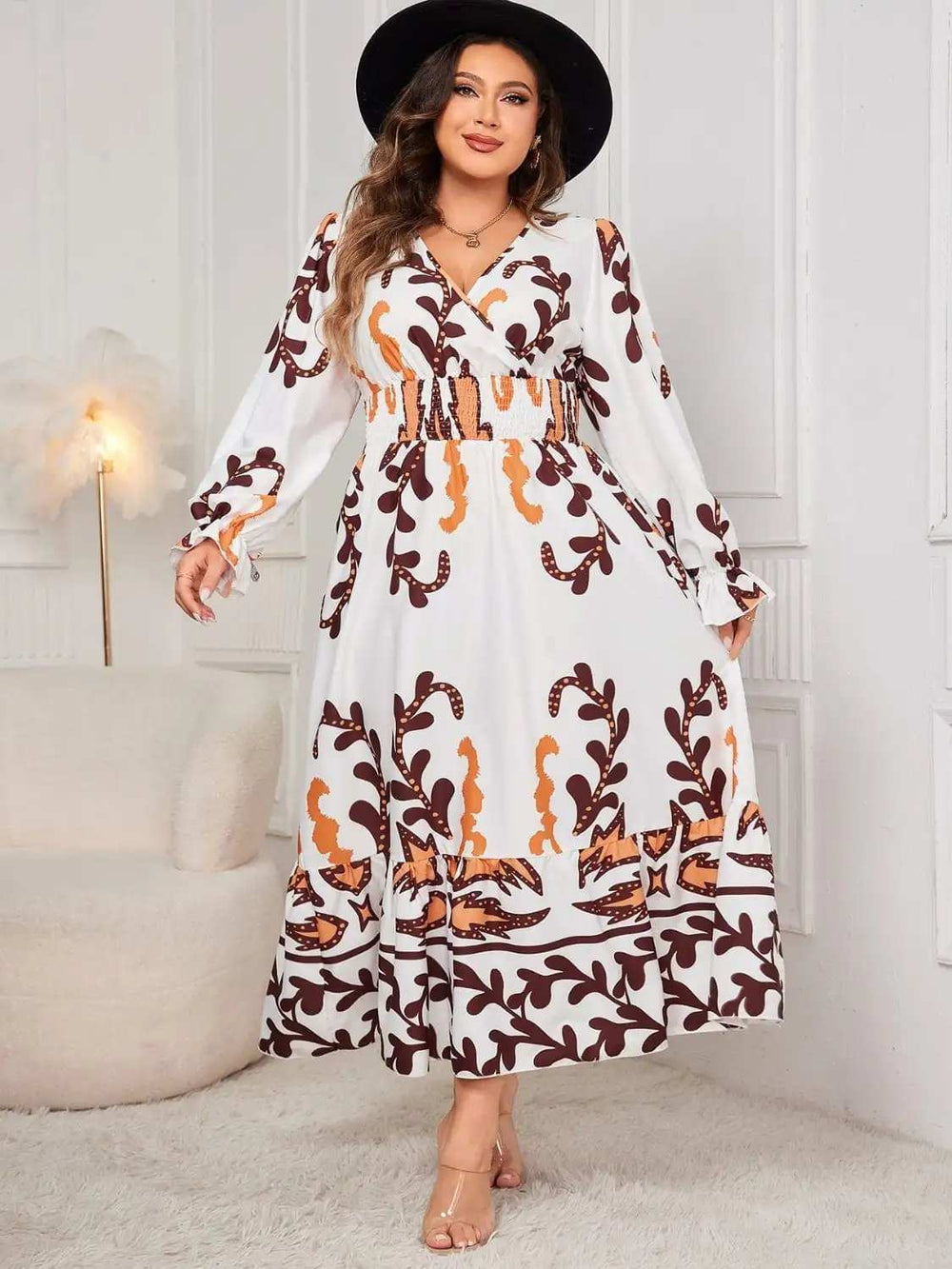 Plus Size Printed Surplice Flounce Sleeve Dress - Trendsi - Flyclothing LLC