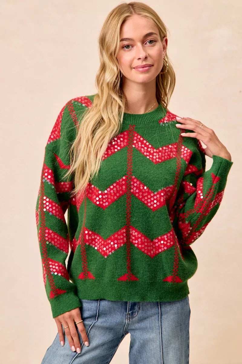 BiBi Christmas Theme Chevron Sequins Detail Sweater - Trendsi - Flyclothing LLC