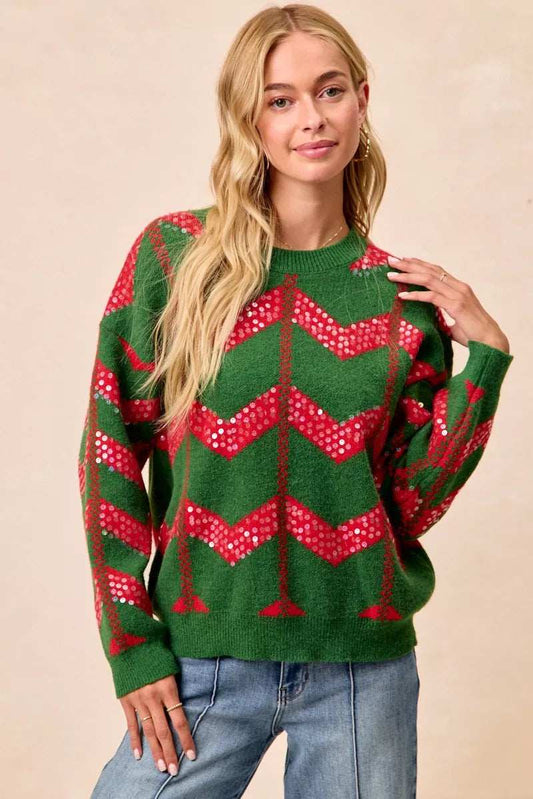 BiBi Christmas Theme Chevron Sequins Detail Sweater - Trendsi - Flyclothing LLC