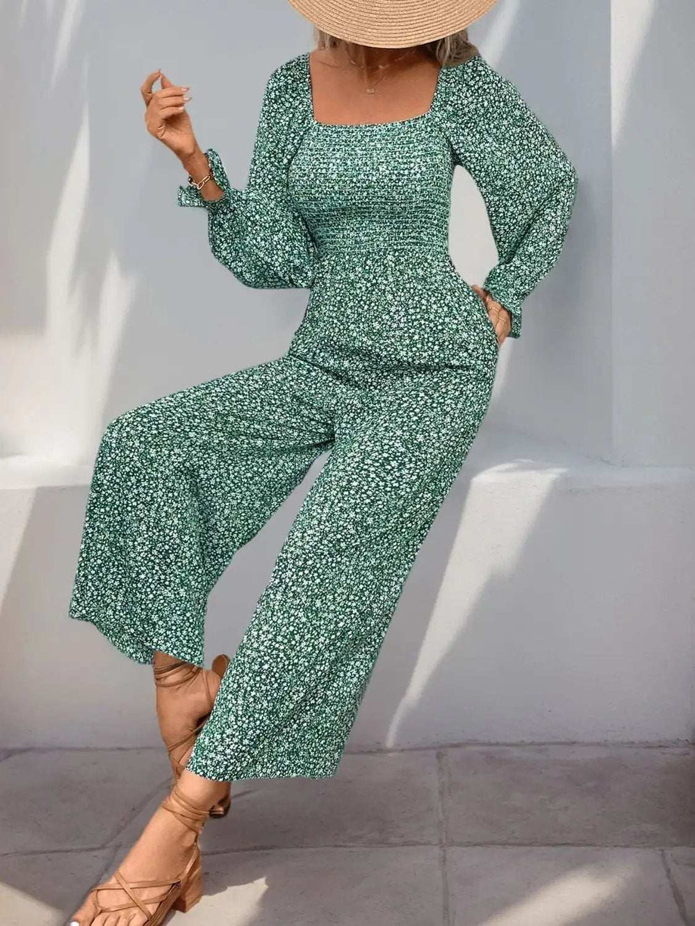 Perfee Smocked Printed Long Sleeve Wide Leg Jumpsuit - Trendsi - Flyclothing LLC