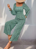 Perfee Smocked Printed Long Sleeve Wide Leg Jumpsuit - Trendsi - Flyclothing LLC