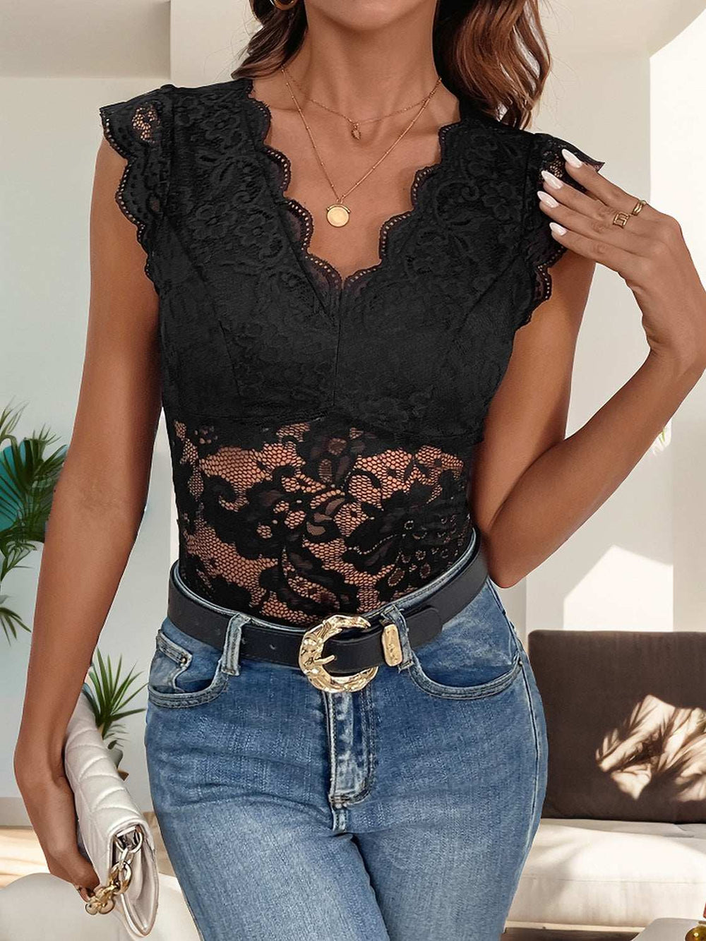 V-Neck Lace Bodysuit - Trendsi - Flyclothing LLC