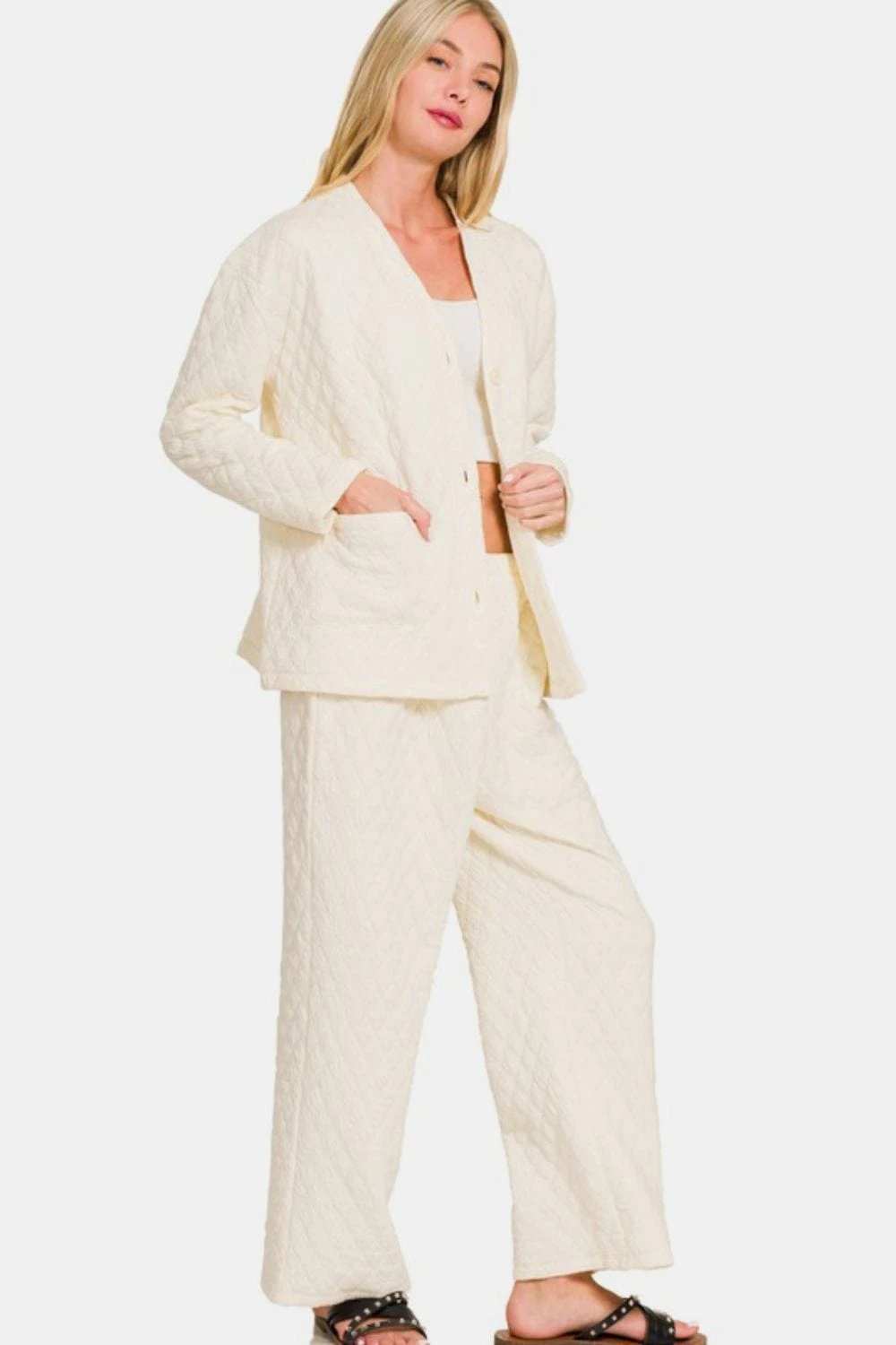 Zenana Quilted Button Up Long Sleeve Top and Pants Lounge Set - Trendsi - Flyclothing LLC