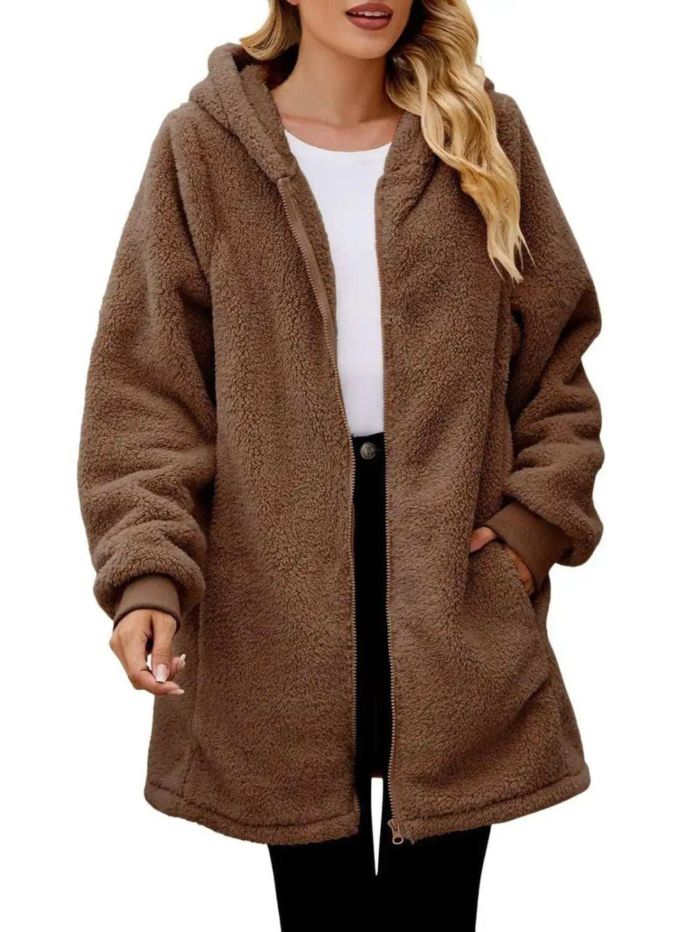 Fuzzy Pocketed Zip Up Long Sleeve Hooded Jacket - Trendsi - Flyclothing LLC