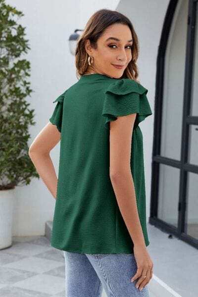 Ruffled Notched Short Sleeve Blouse - Trendsi - Flyclothing LLC