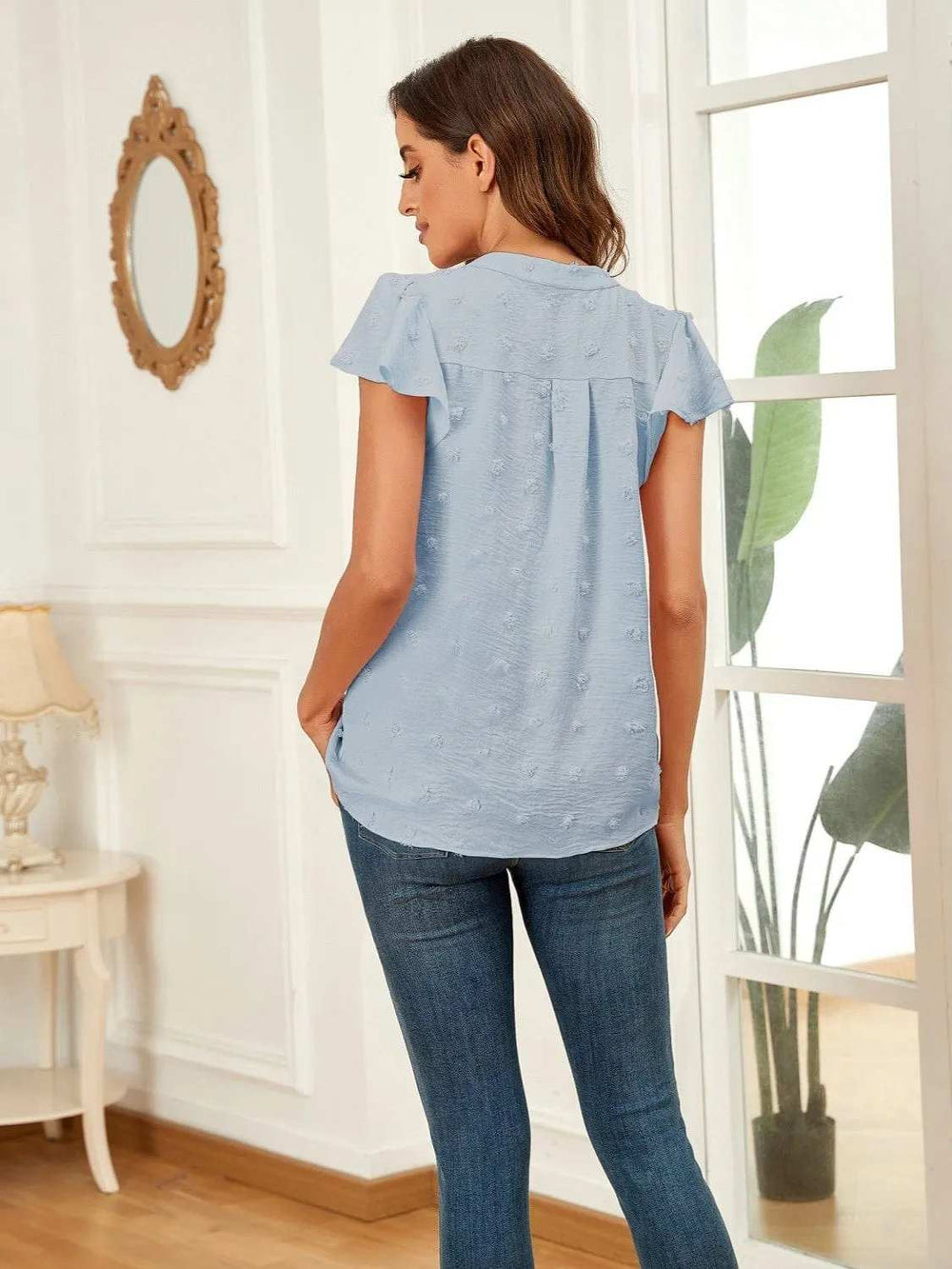Swiss Dot Notched Cap Sleeve Blouse - Trendsi - Flyclothing LLC