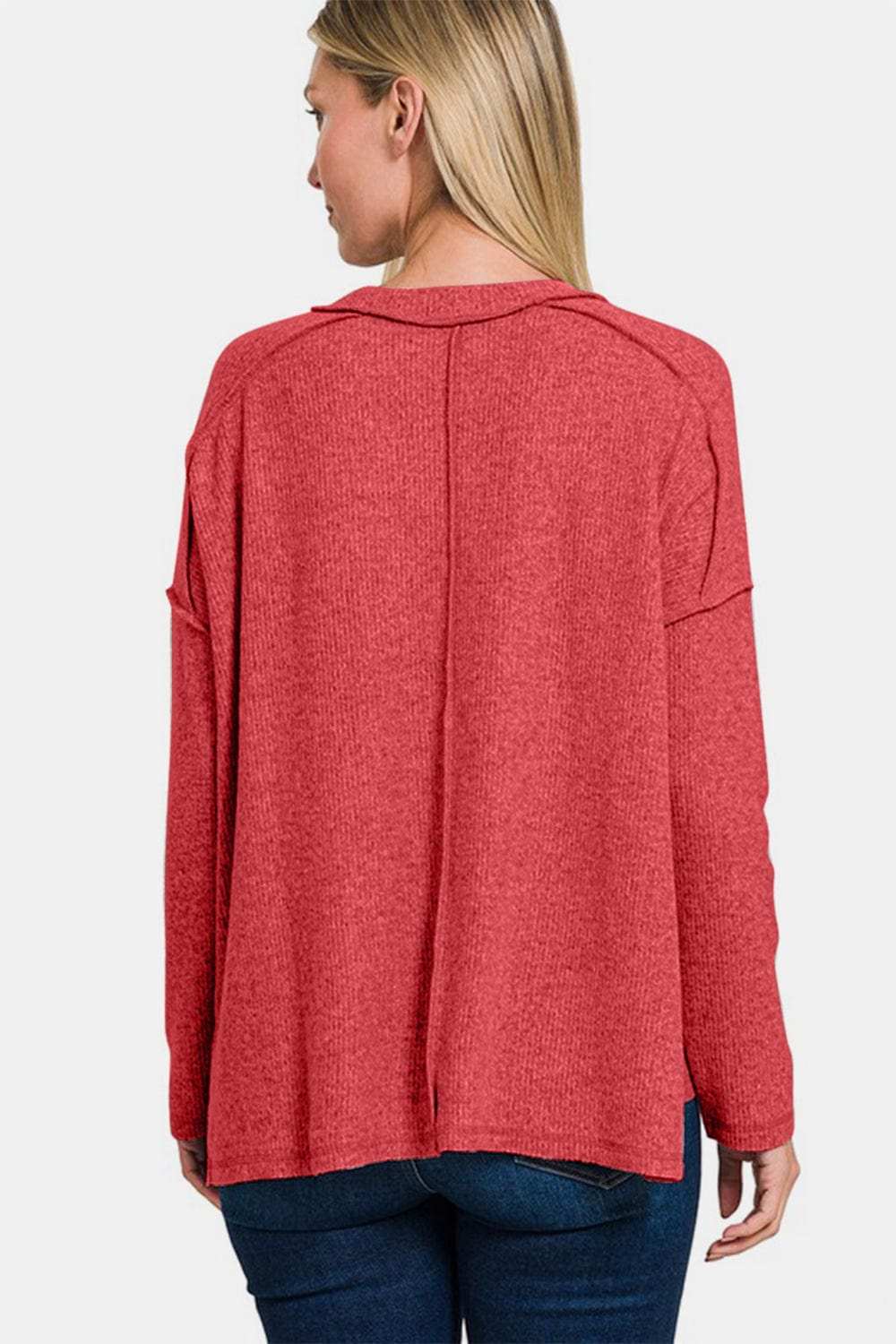 Zenana Full Size Exposed Seam Brushed Round Neck Sweater - Trendsi - Flyclothing LLC