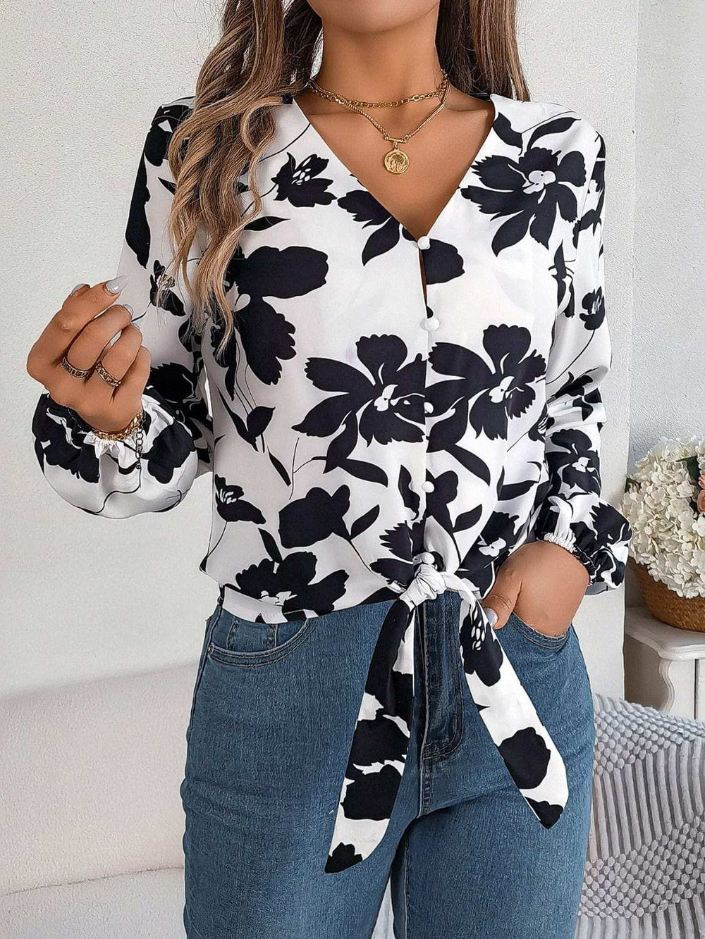 Printed V-Neck Long Sleeve Blouse - Trendsi - Flyclothing LLC