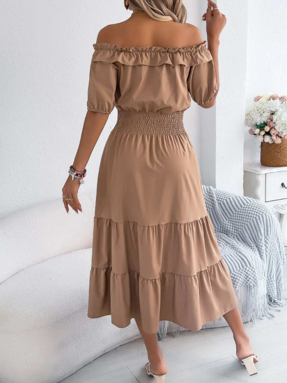 Smocked Off-Shoulder Tiered Dress - Trendsi - Flyclothing LLC