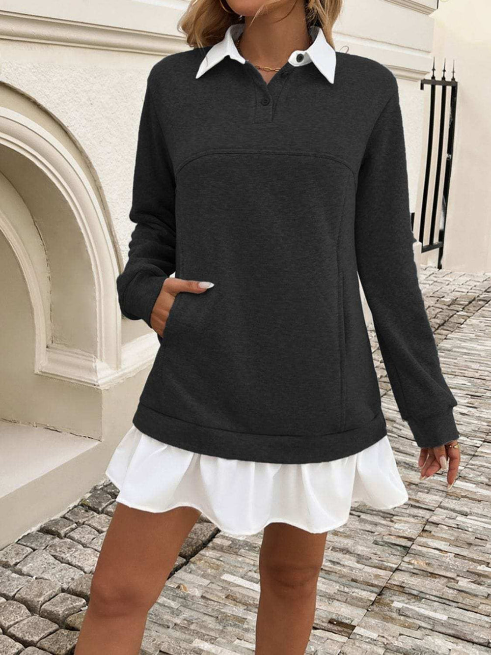Devine Ruffle Hem Long Sleeve Mini Dress - Trendsi - Flyclothing LLC