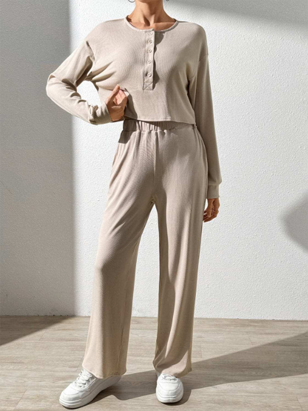 Half Button Long Sleeve Top and Pants Set - Trendsi - Flyclothing LLC