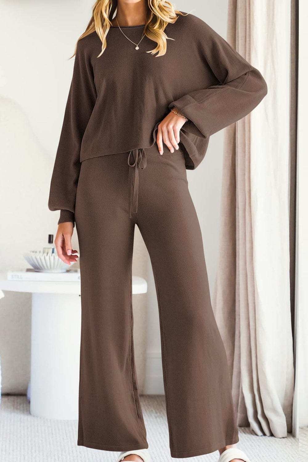 Round Neck Long Sleeve Top and Pants Set - Trendsi - Flyclothing LLC