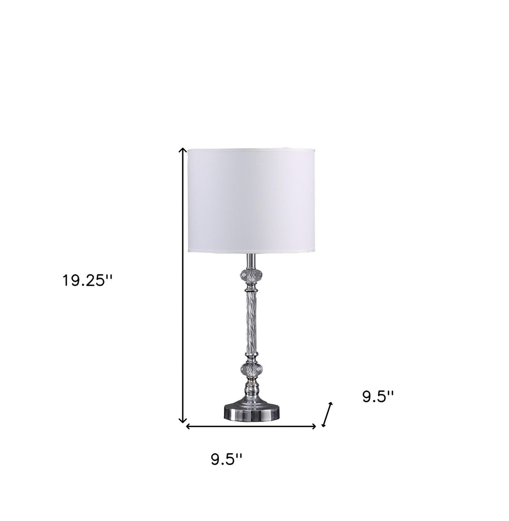 19" Silver Metal and Faux Crystal Table Lamp With White Drum Shade - Homeroots