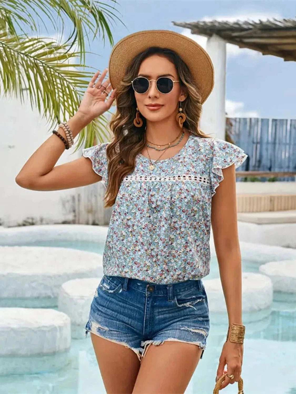Floral Print Flutter Sleeve Crochet Trim Blouse - Trendsi - Flyclothing LLC