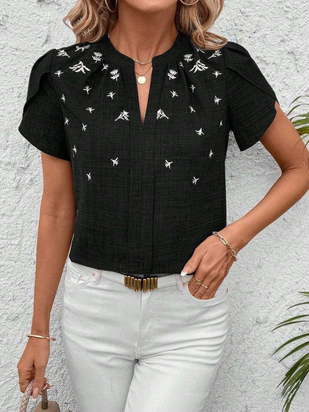 Floral Notched Short Sleeve Blouse - Trendsi - Flyclothing LLC