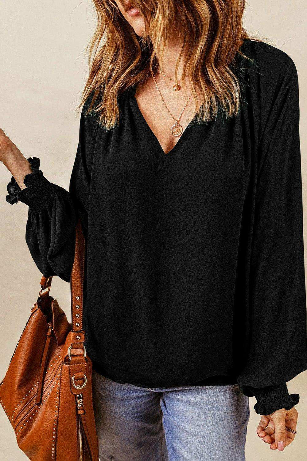 Notched Neck Lantern Sleeve Blouse - Trendsi - Flyclothing LLC