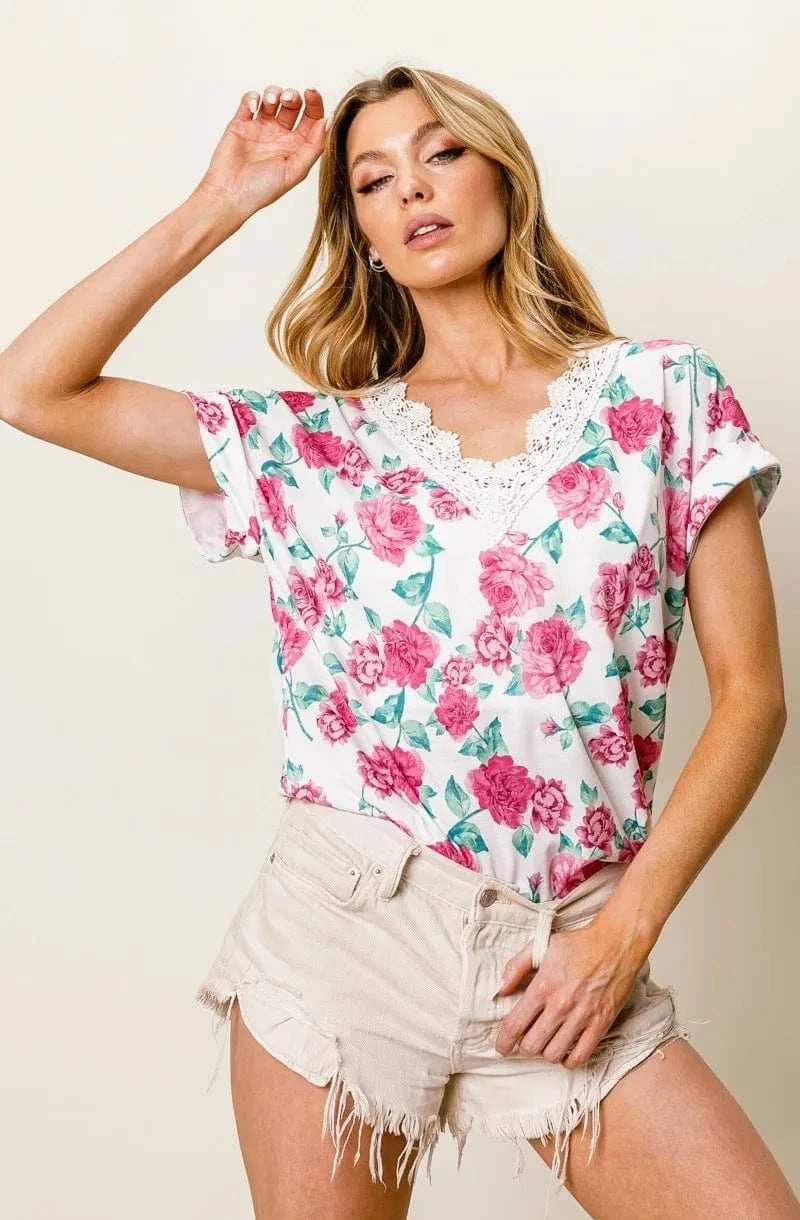 BiBi Rose Printed Poly Span with Crochet Lace Top - Trendsi - Flyclothing LLC