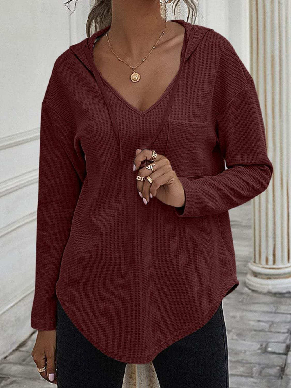 Drawstring Waffle Knit Long Sleeve Hooded Top - Trendsi - Flyclothing LLC