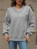 V-Neck Long Sleeve Dropped Shoulder Sweatshirt - Trendsi - Flyclothing LLC