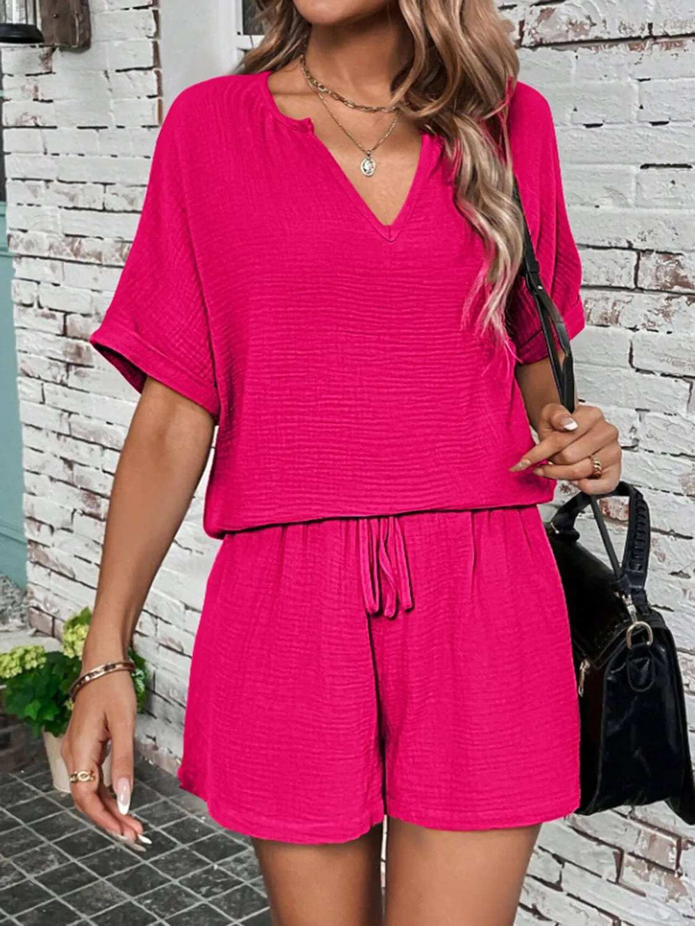 Notched Half Sleeve Top and Shorts Set - Trendsi - Flyclothing LLC