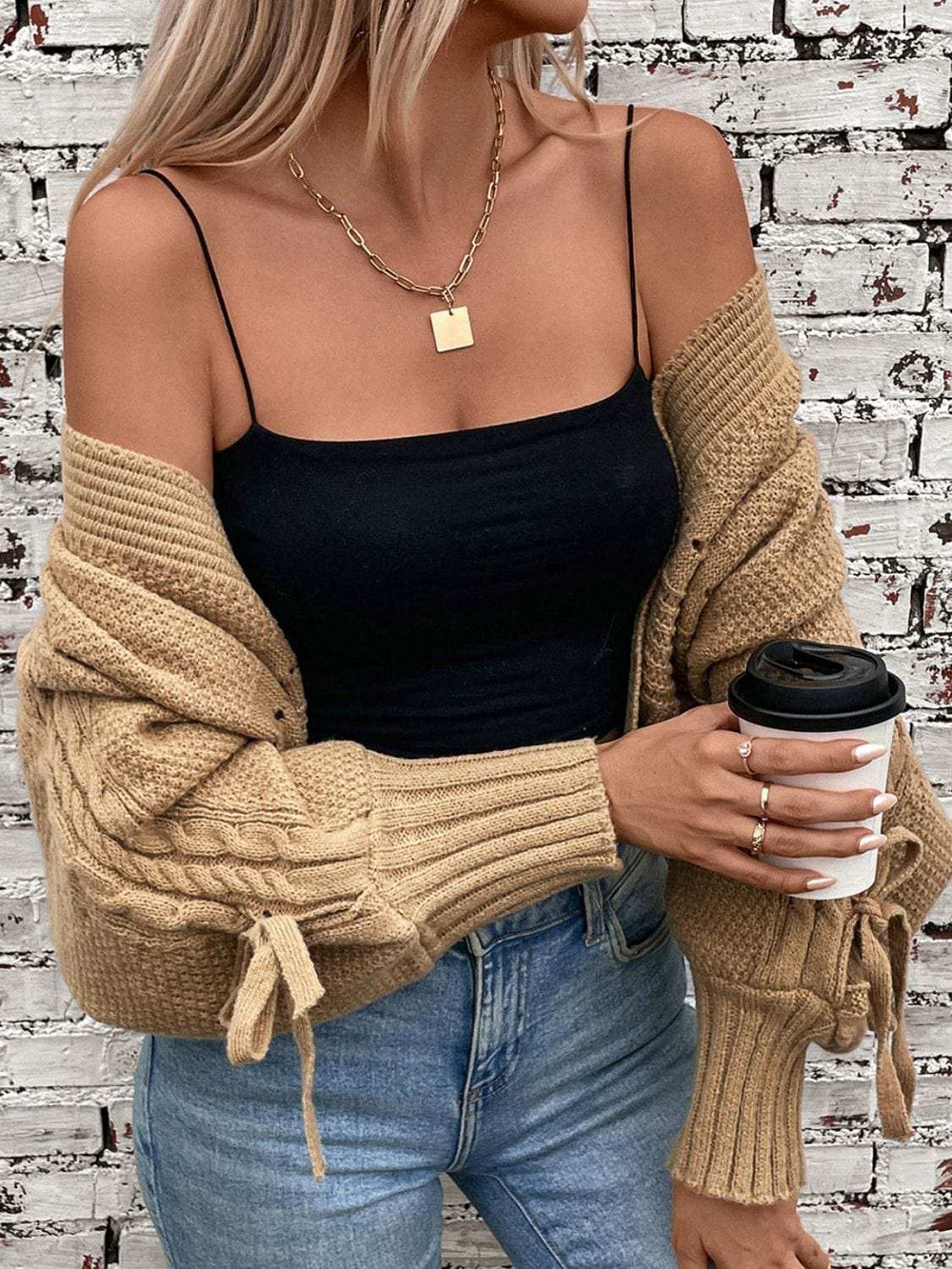 Cable-Knit Tied Open Front Lantern Sleeve Cardigan - Trendsi - Flyclothing LLC