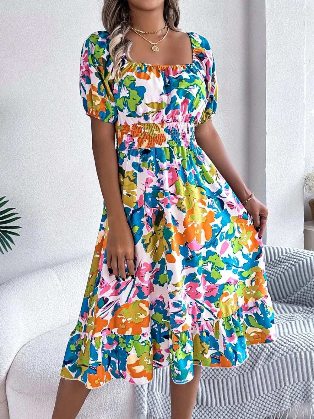 Ruffled Hem Smocked Floral Short Sleeve Midi Dress - Trendsi - Flyclothing LLC
