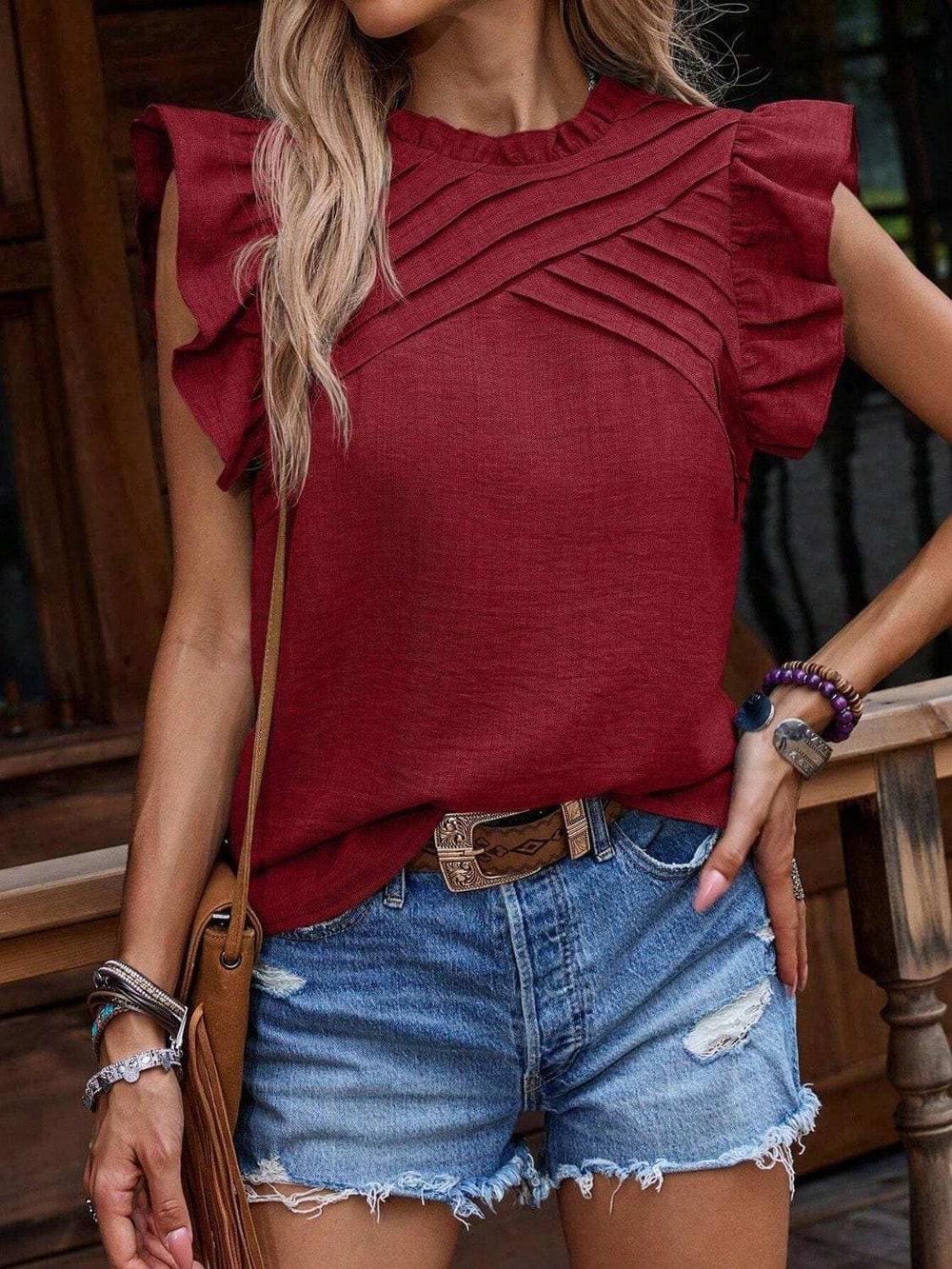Ruffled Frill Mock Neck Cap Sleeve Blouse - Trendsi - Flyclothing LLC