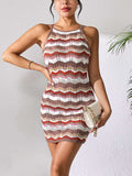 Openwork Striped Spaghetti Strap Knit Dress - Trendsi - Flyclothing LLC