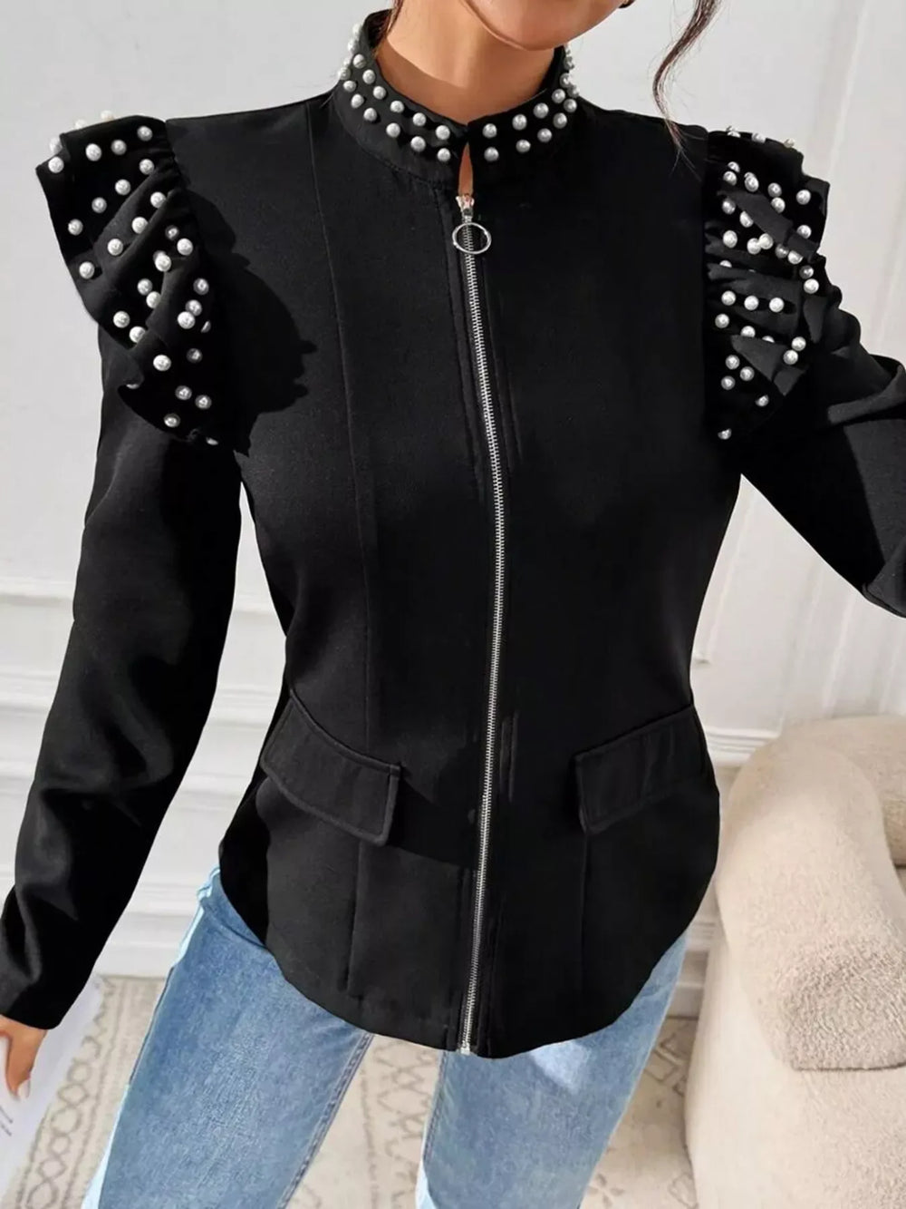 Pearl Embellished Shoulder Zip Up Jacket - Trendsi - Flyclothing LLC