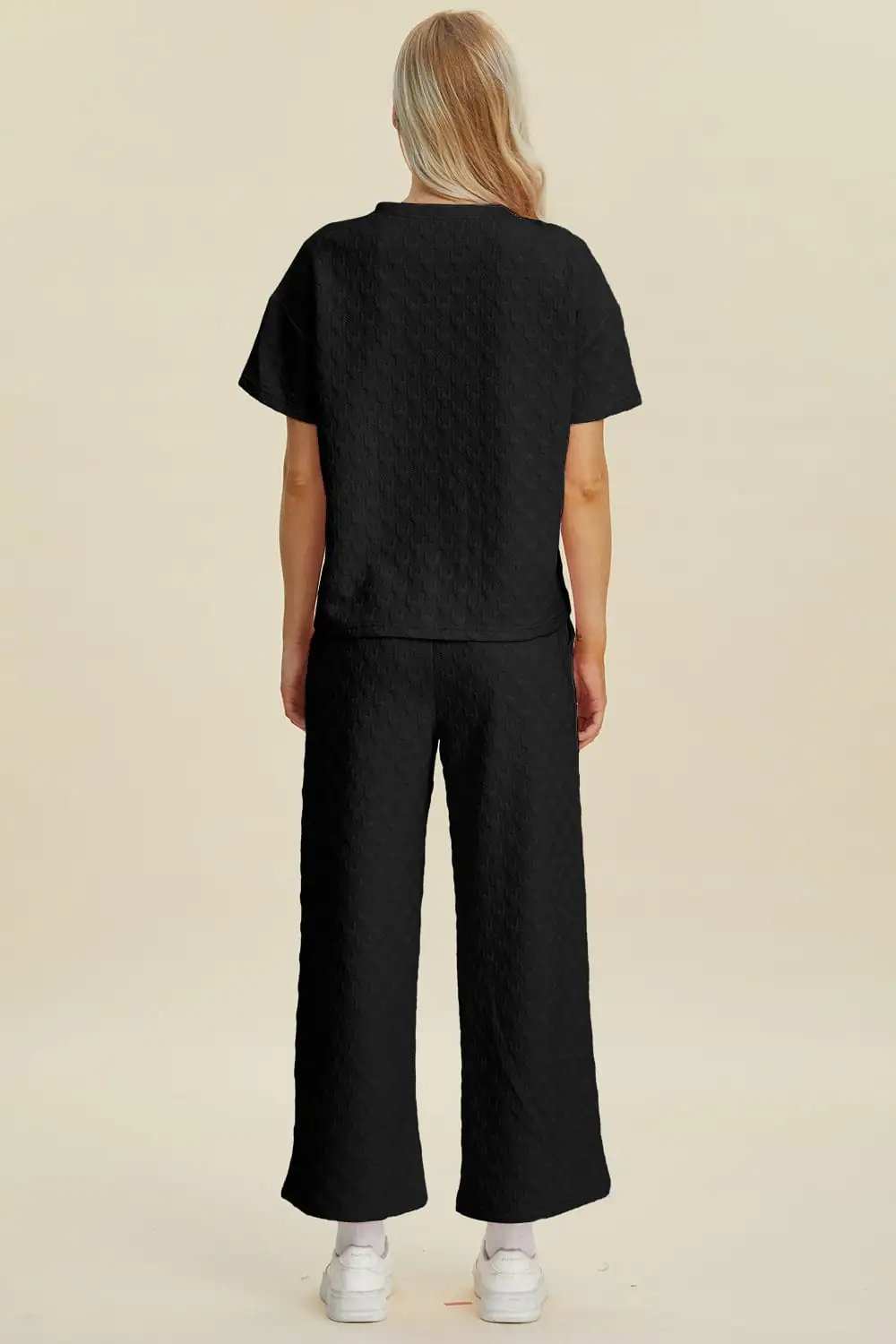 Double Take Full Size Texture Round Neck Short Sleeve Top and Pants Set - Trendsi - Flyclothing LLC