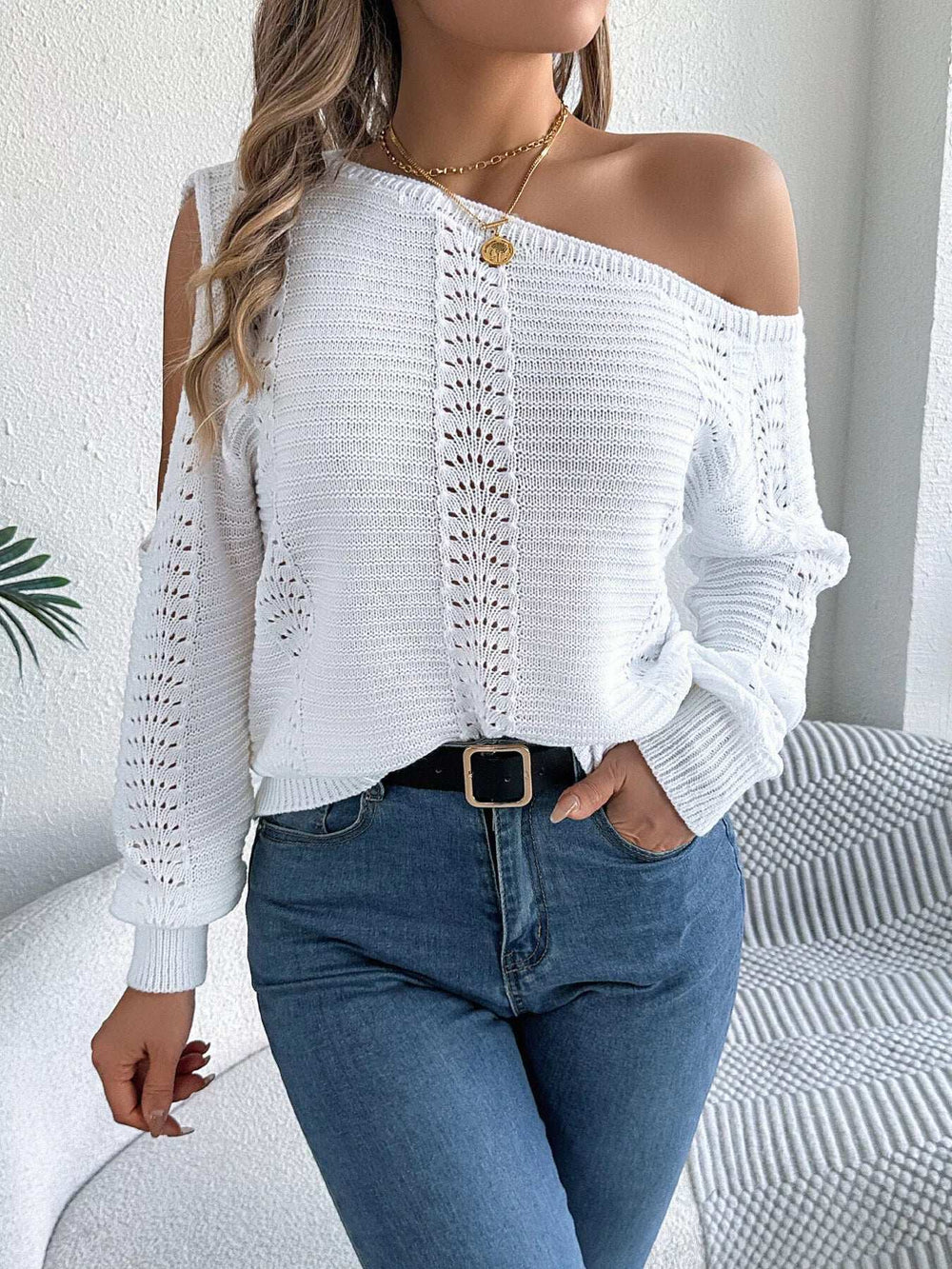 Openwork One Shoulder Cutout Long Sleeve Sweater - Trendsi - Flyclothing LLC