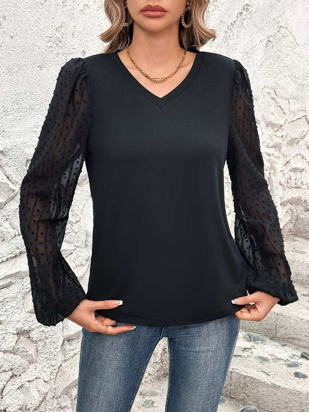 Full Size V-Neck Swiss Dot Long Sleeve Blouse - Trendsi - Flyclothing LLC